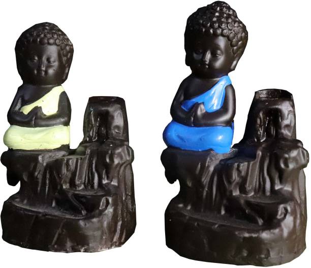 JunctionCraft Handcrafted Meditating Little baby Monk Buddha Smoke Backflow Cone Incense Holder With 20 Incense Cones Decorative Showpiece - 12 cm (Polyresin, Red, Blue) Decorative Showpiece  -  8 cm