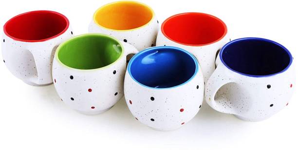 Kartik Handicraft Pack of 6 Ceramic, Bone China Handcrafted white Pari Dot Printed Microwave Safe Tea Cup/Coffee Cup Set (White, Multicolor)