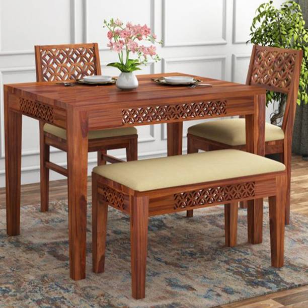 Mooncraft Furniture CNC Cutting 2 chair 1 Bench Solid Wood 4 Seater Dining Set