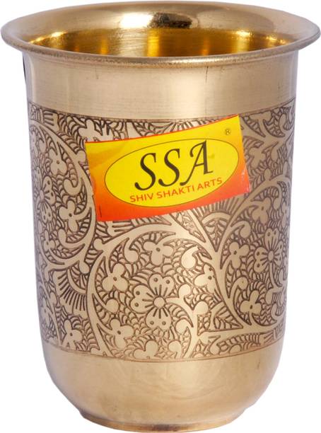 Shivshakti Arts Pure Brass Glass Tumbler Cup, Embossed Curved Polo Design, For Drinking Serving Water(1 Pc = Vol - 250 ML) Glass Water/Juice Glass