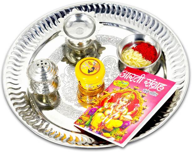 ME&YOU Silver Plated Pooja thali Set with Chandan Tika | Roli Akshat | Aarti Sangrah for Diwali Pooja | Navratras | Dhanteras | Bhaidooj and Diwali Gift for Friends & Relative Silver Plated