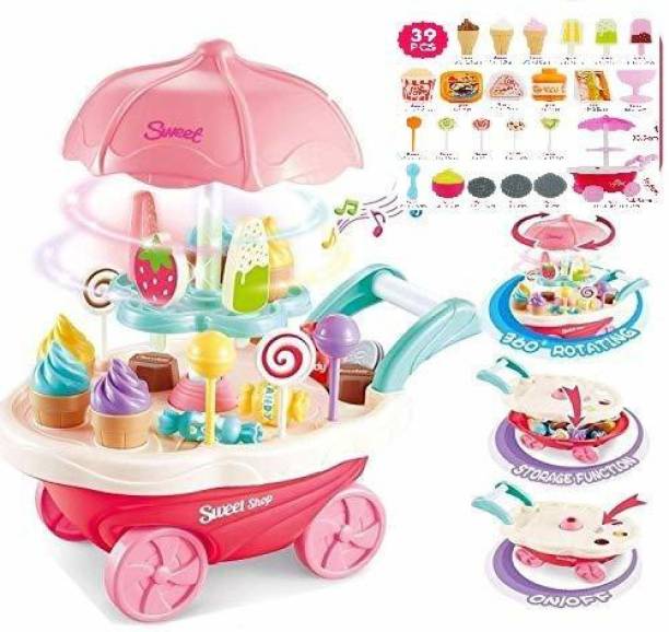 HIM TAX Ice Cream Toy Cart Play Set for Kids - 39-Piece Pretend Play Food - Educational Ice-Cream Trolley Truck with with Music & Lighting - Ages 3 - 12 Years Old.