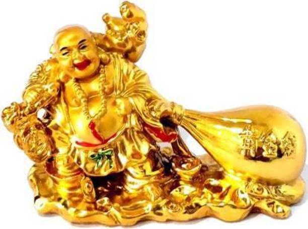 Shop4ALL BEAUTIFULLY HAND CRAFTED FENG SHUI LAUGHING BUDDHA SITTING ON CHAIR WITH GOLD COINS FOR GOOD FORTUNE, HEALTH ,WEALTH AND PROSPERITY SHOWPIECE GIFT SET Decorative Showpiece - 7.5 cm Decorative Showpiece  -  4 cm