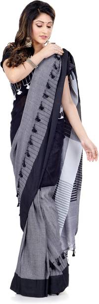 TANTLOOM Solid/Plain Bandhani Pure Cotton Saree (White, Black)