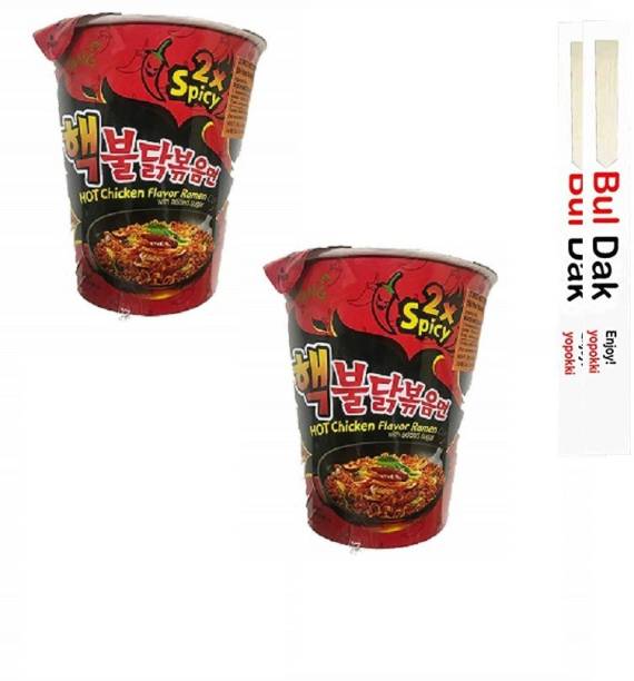 Samyang 2xspicy Buldak Hot Chicken Rice Noodles -70gm With Chopstick (Pack of 2) (Imported) Cup Noodles Non-vegetarian