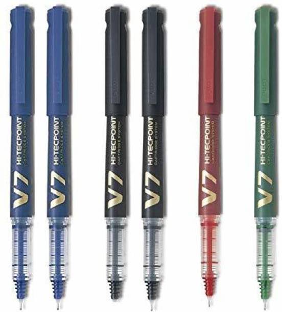 PILOT Hi tecpoint V7 Cartridge Pen ( 2Black , 2Blue , 1Red. 1Green - Pack of 6) Roller Ball Pen