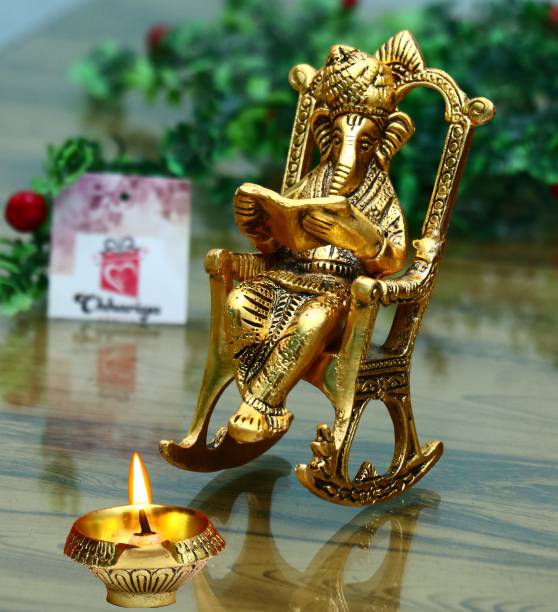 Chhariya Crafts Metal Lord Ganesha Reading Ramayana Statue Hindu Ganesh Ganpati Sitting on Chair With Kuber Diya Idol Sculpture for Home Office and Gifts Decor Diwali Gift corporate Gifts Decorative Showpiece - 14 cm