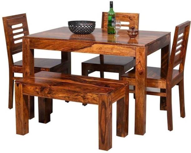 Cherry Wood Solid sheesham wood dining set with bench Solid Wood 4 Seater Dining Set (Finish Color - Honey Teak Brown) Solid Wood 4 Seater Dining Set
