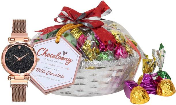 Chocoloony Chocolate Gift Pack Women Girls 30pcs Chocolate with Watch (180gm) Bamboo Gift Box