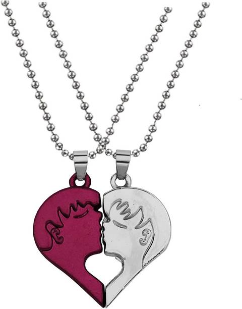 M Men Style Couple Romantic Boy And Girl Kissing Heart Dual Locket Chain Rhodium Zinc, Metal Pendant