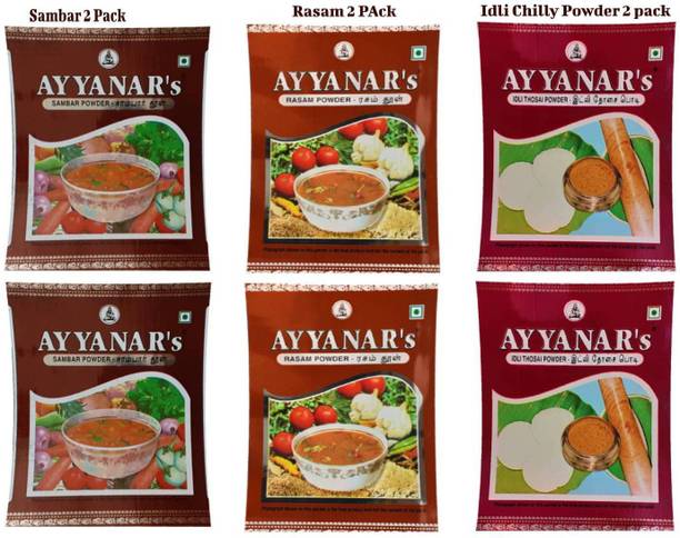 Ayyanar's Masala Combo Pack (50g each) SAMBAR Powder, RASAM Powder, IDLI Chilly Powder (Idli podi) Each 2 pack (Total 300g)