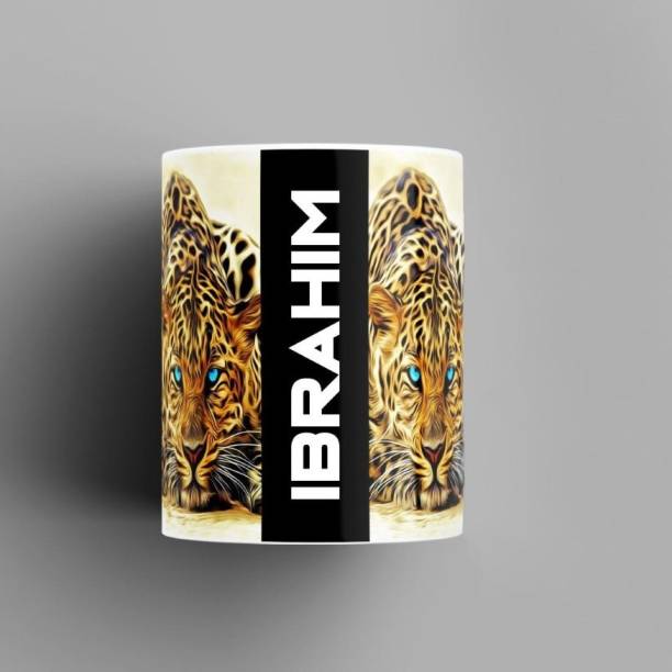 Beautum Name Printed Ibrahim Cheetah Design White Ceramic (350) ml. Model No:BMNAT007209 Ceramic Coffee Mug