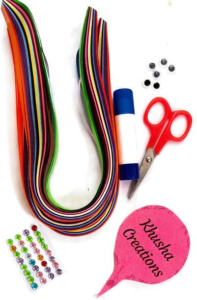 KHUSHA CREATIONS Quilling Kit (Multicolor Quiling Strips 5mm , 7mm , 10 mm Total 300 strips approx , Gluestick , Scissors , googly eyes , and multicolor stone sticker )