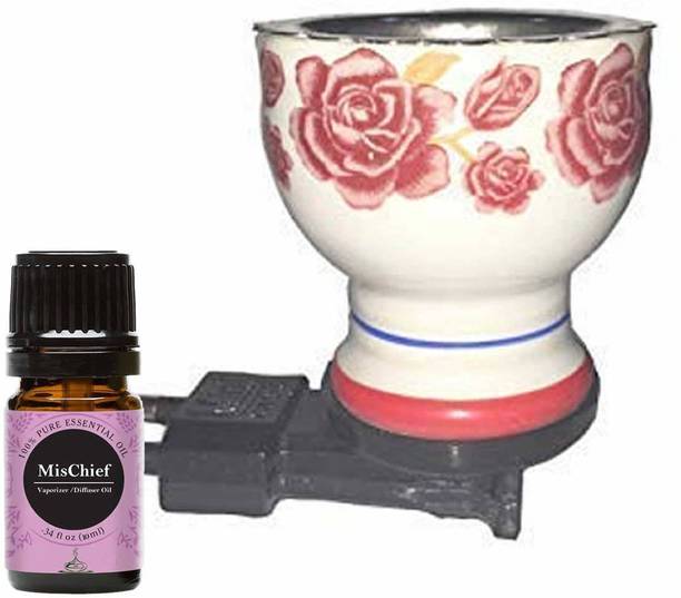 FStyler Mischief Aroma Oil Diffuser Set Electric Flower Kapoor Dani/Ceramic Aroma Oil Diffuser/Kapoor Dani Incense Burner for Positive Energy & Ambiance Steel, Ceramic, Plastic, Borosilicate Glass Incense Holder Set with Mischief Aroma Oil 10ml (Multicolor)