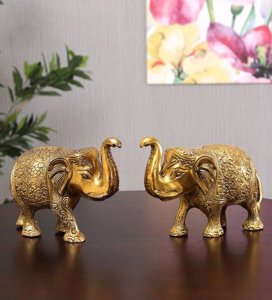 KridayKraft Metal Elephant Statue Small Size Gold Polish 2 pcs Set for Showpiece Your Home,Office Table & Gift Article,Animal Showpiece Figurines... डेकोरेटिव शोपीस  -  9 cm
