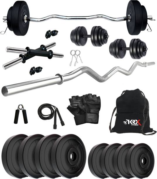 KRX 30 kg PVC 30 Kg with One 3 Ft Curl Rod and One Pair Dumbbell Rods with gym Accessories_52 Home Gym Combo