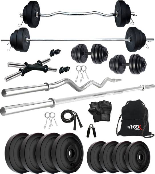 KRX 20 kg PVC 20 Kg with One 3 Ft Curl + One 5 Ft plain Rod and One Pair Dumbbell Rods with gym Accessories Home Gym Combo