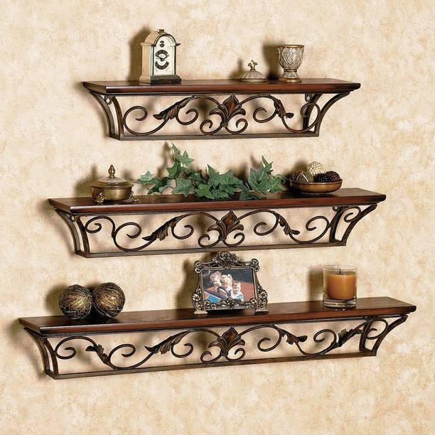 Artesia Wall Mount Set of 3 Iron Wall Shelves Wooden, Iron Wall Shelf Metal Display Unit