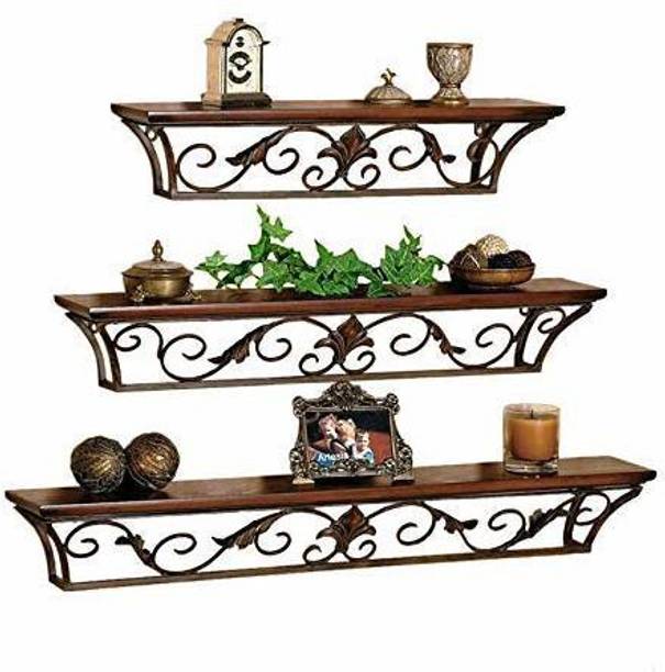 Decorhand Wall Mount Set of 3 Iron Wall Shelves Wooden, Iron Wall Shelf Metal Display Unit