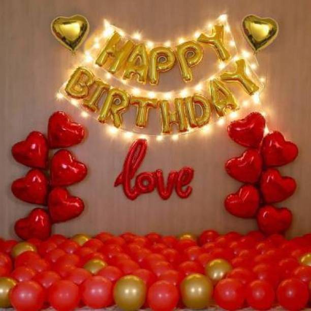 seal the deal Solid Happy Birthday Balloons for Decoration kit with 12pc Heart, 1pc Happy Birthday, 1pc Red Cursive Love Letter, 2pc Golden Heart, 10pc Golden Chrome, 50pc Red Latex & 1 Fairy Light (Red, Gold, Pack of 77) Balloon
