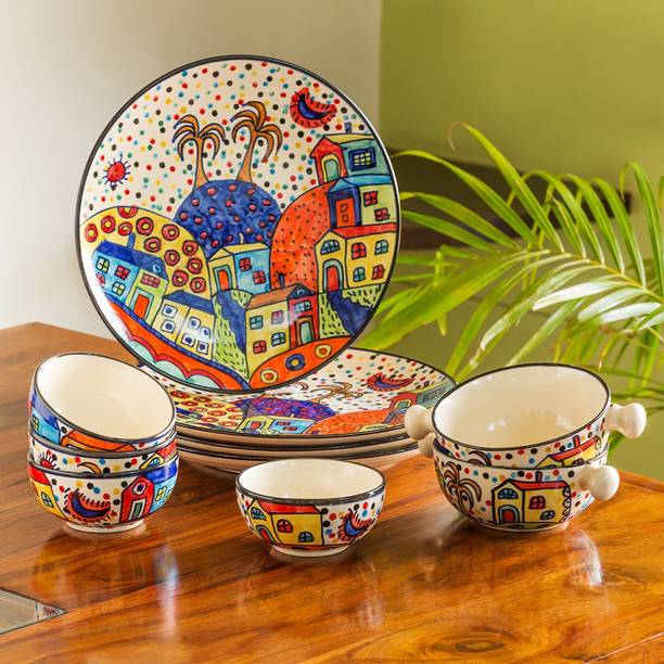 एक्सक्लूसिव लेन Handpainted Plates with Katoris & Serving Bowls (Serving for 4) 10 का पैक डिनर सेट
