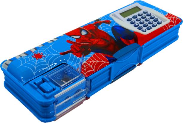 poksi avengers Multipurpose Pencil Box with Calculator & Dual sharpner - Spiderman Art Plastic Pencil Box