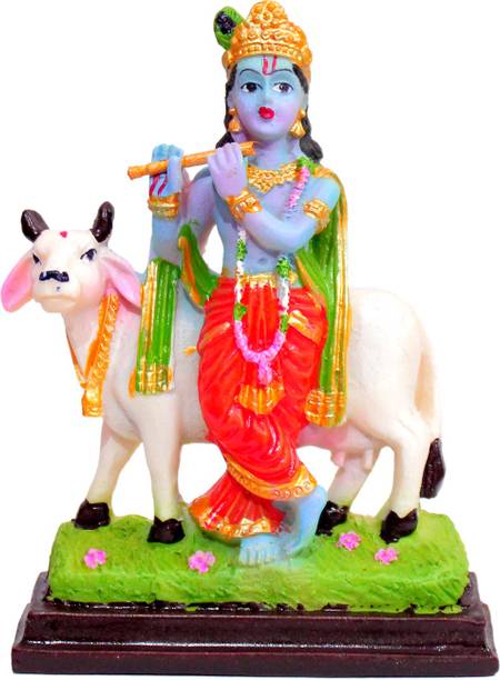 Crafting Bear Hindu God and Goddess Polyester Resin Standing Krishna Murti Playing Flute and Cow Gau MATA Idol/Statue/Figurine for Gifting and Home Decor, 12cm, Multicolour Decorative Showpiece  -  12 cm