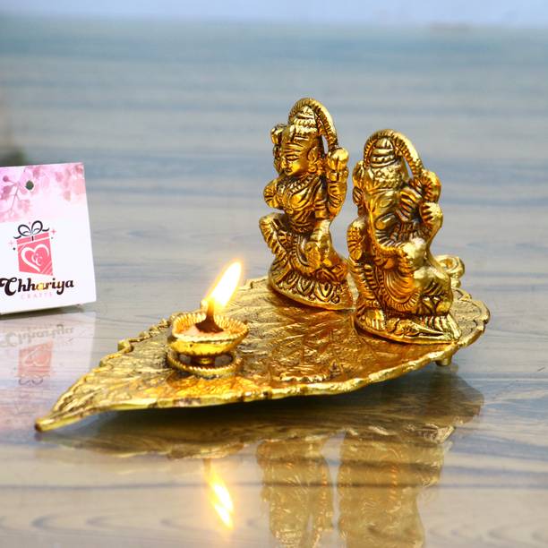 Chhariya Crafts Metal Laxmi Ganesh Leaf Diya God Idol Exclusive Gift Aluminium Table Diya
