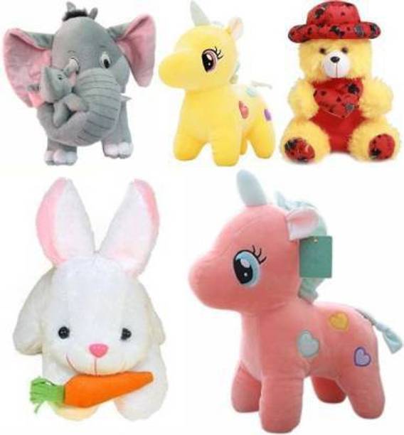 LittleBuoy PACK OF 5 CUTE MOTHER ELEPHANT,RABBIT WITH CARROT,YELLOW CAP TEDDY & SOFT UNICORN PINK & YELLOW - 30 cm (Grey, Pink, Yellow, White, Yellow)  - 30 cm