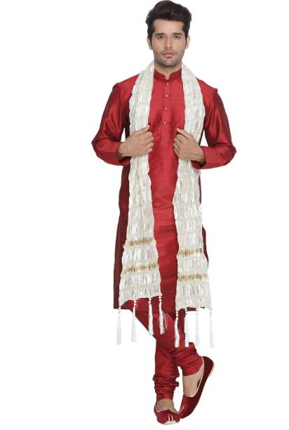 VM VM Men's Maroon Silk Blend Kurta, Pyjama &amp; Dupatta Set Solid Sherwani