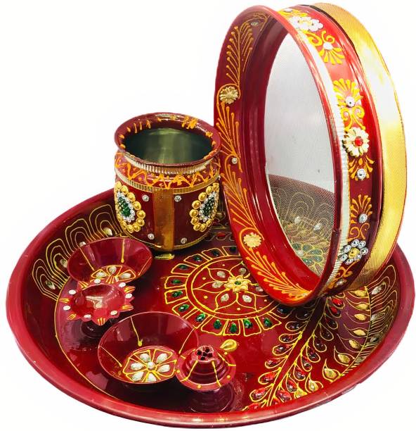 Dhandevi textiles Stainless Steel Karwa Chauth 7 Pieces Decorative Pooja Thali Set ( Red) ( Thali Size 9'') Steel