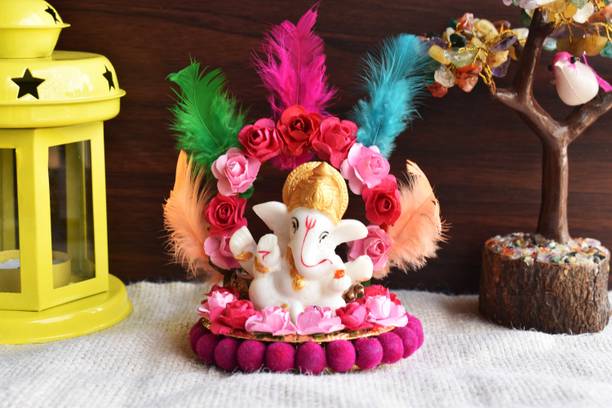 Brothers Creation Lord Ganesha Idol on Decorative Handcrafted Plate for Home and Car Decorative Decorative Showpiece  -  4 cm