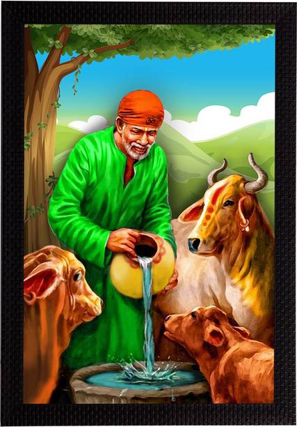 eCraftIndia Sai Baba Matt Texture UV Art Framed Ink 14 inch x 10 inch Painting