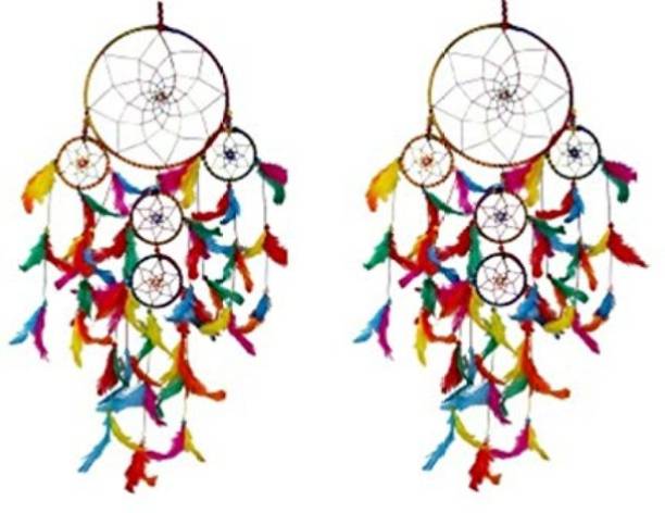 Handcraftsvilla Dream Catcher Wall Hanging Wool 5 Rings Multicolor ( Pack of 2) Wool, Feather Dream Catcher