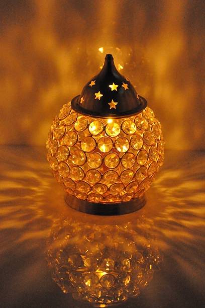Collectible India Crystal Akhand Diya Glass Oil Lamp deepak Brass, Crystal Table Diya