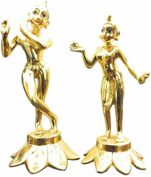 vrindavan shopi Vrindavan shopi Pure Brass Made Radha Krishna Idol/Golden Radha Golden Krishna Statue/Radha Raman Idol for Home and Office Temple from Vrindavan 6 inches Decorative Showpiece  -  15 cm