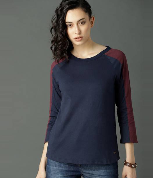 Roadster Women Colorblock Round Neck Cotton Blend Blue T-Shirt