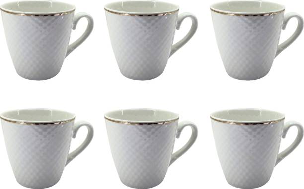 ozzon Pack of 6 Ceramic Tea Cup Half Square Print Design |Coffee Cup | Milk Cup| Pack of 6 White Color