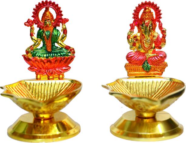 Chhariya Crafts Metal Lord Laxmi Ganesh Diya Deepak For Home And Office Temple Aluminium (Pack of 2) Table Diya Set