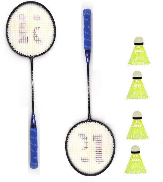 KNK Single Shaft Badminton Racket Pack Of 2 Piece With 4 Piece Plastic Shuttle बैडमिंटन किट