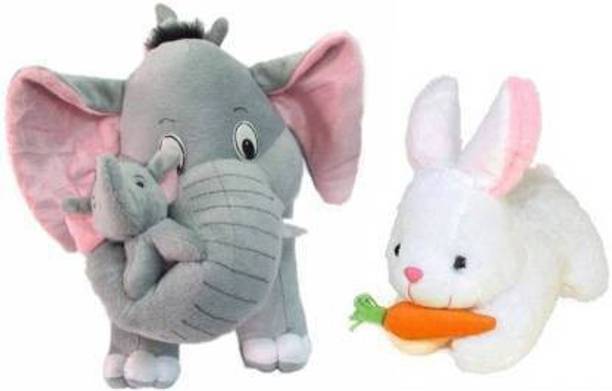 Hello Baby Mother Elephant With 2 Babies Soft Toy - 38 cm and White Rebbit 24 cm - 30 cm  (Multicolor)  - 40 cm