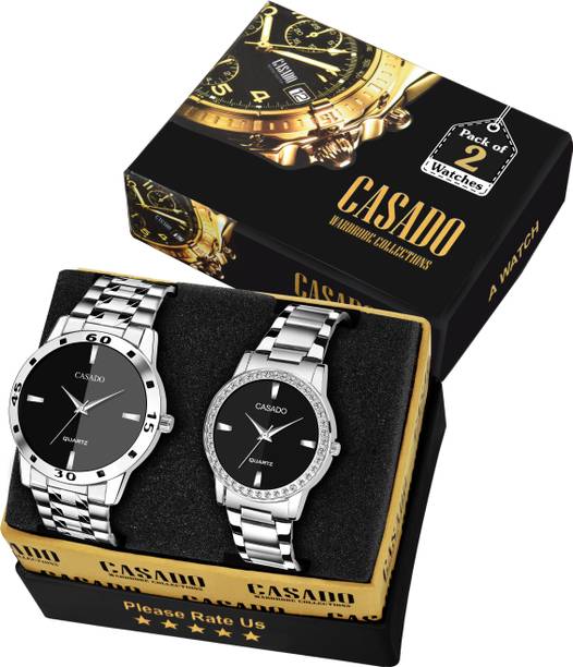 Elegant Dual Tone Black Dial with Stainless Steel Diamond Studded Case for Uptown Boy's and Girl's Analog Watch  - For Couple COMBO-340BLACK-818BLACK