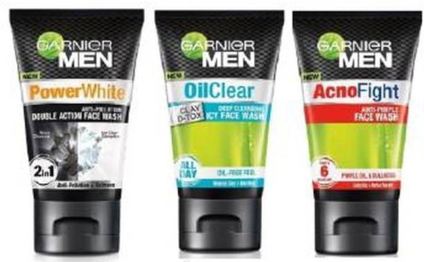 GARNIER Men Acno Fight +Oil Clear +Power White 100 ml x 3  Ambz Face Wash