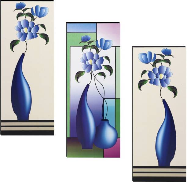 Indianara Blue Floral Art in a Vase 3 piece MDF Painting Digital Reprint 15 inch x 18 inch Painting Digital Reprint 13 inch x 6 inch Painting