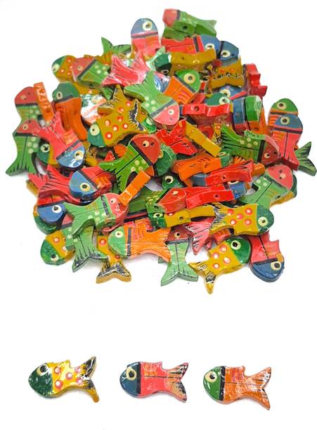 Vardhman 50 pcs Wooden Multicolored Fish Beads Size 2.5 cm for Jewellery Making, Dresses, Beading, Art and Crafts and Craft Work