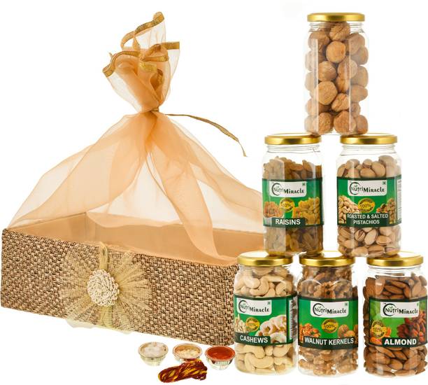 NUTRI MIRACLE 1.2 KG Bhai Dooj Premium Dry Fruits Gift Basket with Roli, Moli, Chaval, Mishri (sugar candy) Wooden Gift Box