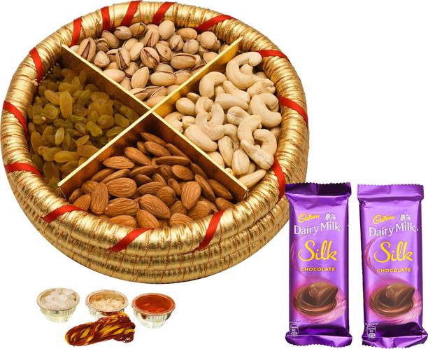 NUTRI MIRACLE 800 gm Bhai Dooj Dry Fruits Gift Box with Roli, Moli, Chaval, Mishri (sugar candy) Wooden Gift Box