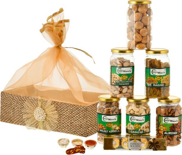 NUTRI MIRACLE 1.25 KG Bhai Dooj Dry Fruits Gift Basket with 4 Ferrero Rocher and Roli, Moli, Chaval, Mishri (sugar candy) Wooden Gift Box