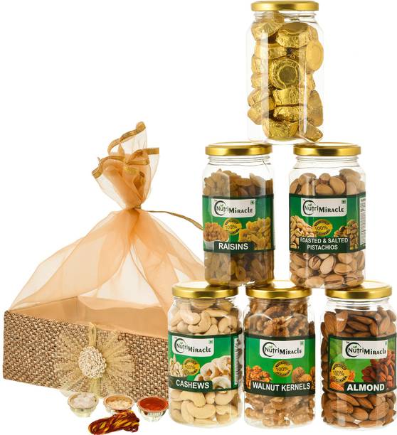 NUTRI MIRACLE 1.2 KG Bhai Dooj Premium Dry Fruits Gift Basket with Swiss Style Hand Made Multi-Flavour Chocolates and Roli, Moli, Chaval, Mishri (sugar candy) Wooden Gift Box