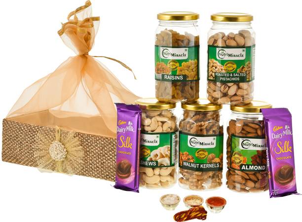 NUTRI MIRACLE 1.1 KG Bhai Dooj Dry Fruits Gift Basket with 2 Cadbury Silk and Roli, Moli, Chaval, Mishri (sugar candy) Wooden Gift Box